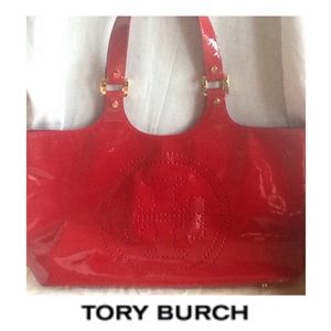 Tory Burch Red Patent Perforated Bombe Tote Help