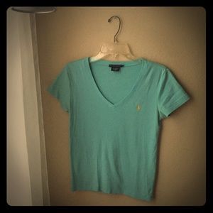 Aqua color t v neck shirt. Ralph Lauren