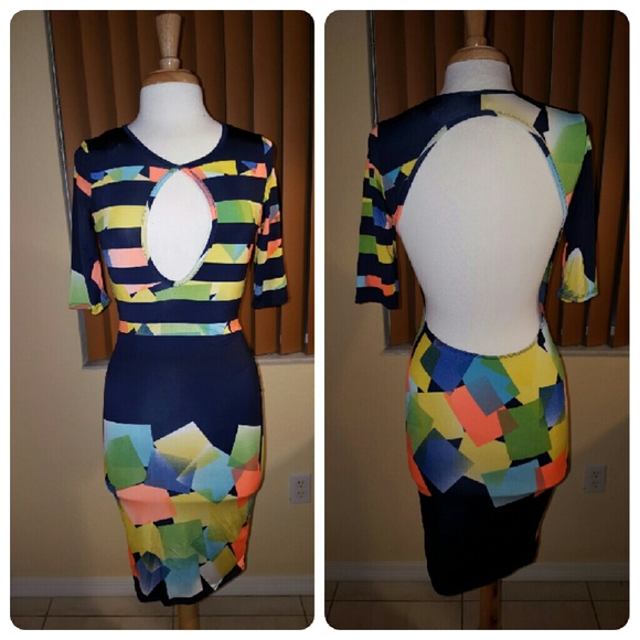 Navy blue printed with assorted colors bodycon dre - Picture 2 of 4
