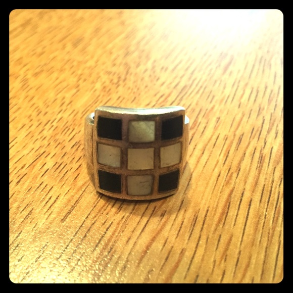 Sterling Silver 925 Onyx Mother Of Pearl Ring Sz 6