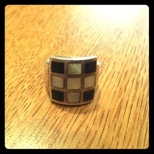 Sterling Silver 925 Onyx Mother Of Pearl Ring Sz 6