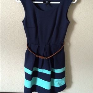 Navy blue dress with 2 aquamarine strips on bottom