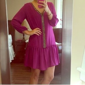 Purple Chiffon Beaded Drop-Waist Dress