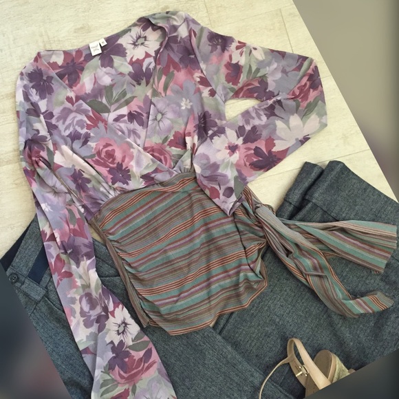 Anthropologie Floral Nylon Mesh Top Tie Waist