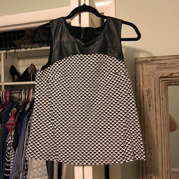 Black and white tank with vegan leather trim