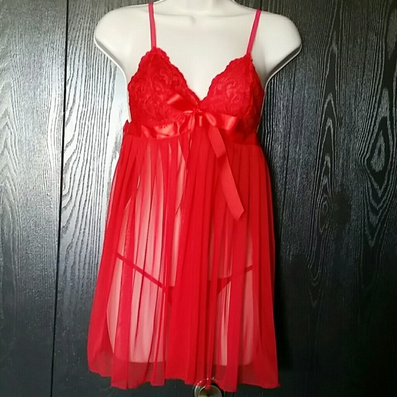 Red Babydoll Lingerie with Red bow and G string - Picture 2 of 5