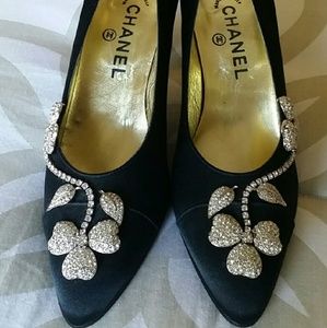 Chanel Black Silk High Heels w/ Rhinestones