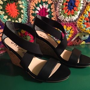 Black Strappy Open Toe Cork Wedges 🔷 Size 9