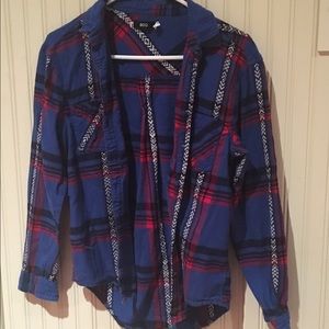 Blue and Red Flannel with Tribal Detailing