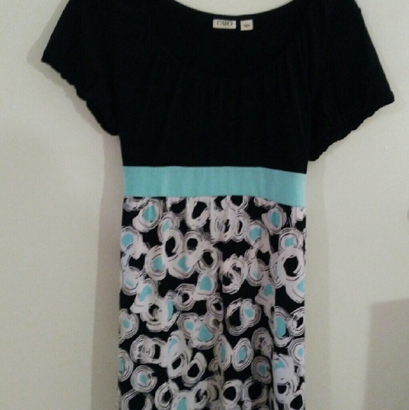 Tie back polka dotted black and aqua dress