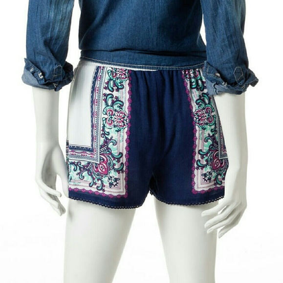 Justify Navy & White Border Print Smock Waist Shor - Picture 2 of 2