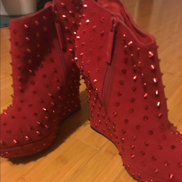 Posh red spike wedge booties