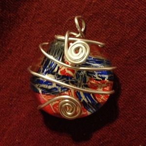 Blue and Red Crackled Wire Wrapped Pendant
