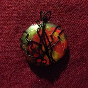 Multicolored Painted Stone Pendant Wire Wrapped