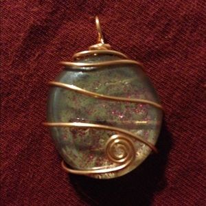 Cream and Purple Sparkle Wire Wrapped Pendant