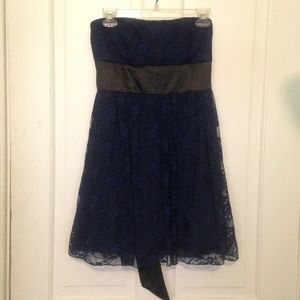 Strapless navy lace dress