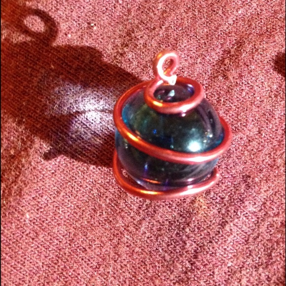 Blue Marble Red Wire Wrapped Pendant