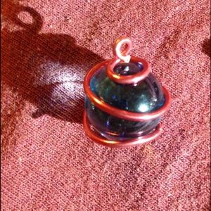 Blue Marble Red Wire Wrapped Pendant