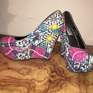 Pink and Blue Axtec-y platform wedges