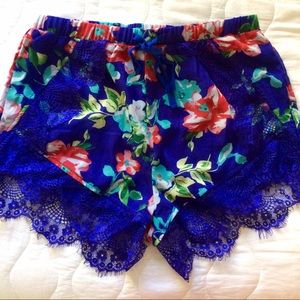 Blue floral/lace high waisted shorts