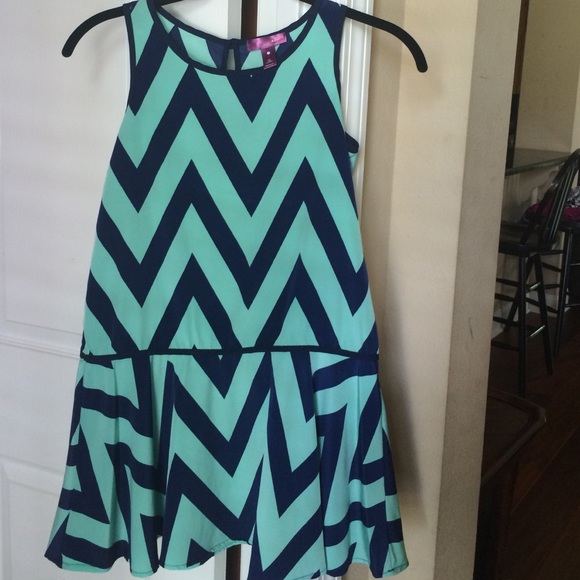 Girls Chevron Aqua Navy Dress Sz M (8-10)