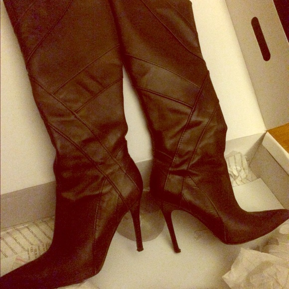 ALDO calf-length boots, brown, sz 7.5, 4 inch heel