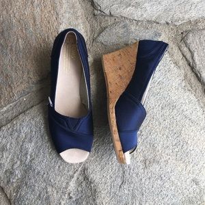 Blue Satin Toms Cork wedges