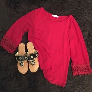 Burgundy lace sleeve women's top- size medium