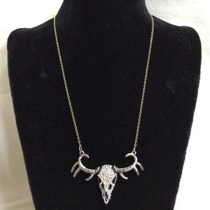 Boho Pave Deer skull Silver tone necklace