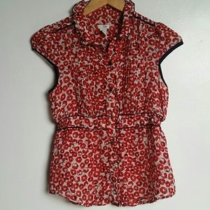 Odille Poppy Silk Short Sleeve Ruffled Blouse