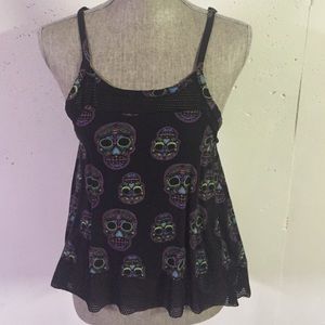 Black Tank Featuring Neon Sugar Skull Print