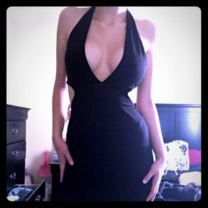 Black Plunging Neckline Maxi Dress w Cutouts