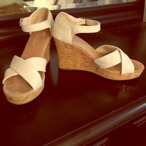White TOMS cork wedges