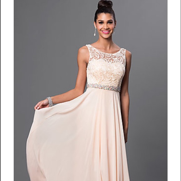 Long Sleeveless Dress with Lace Top &Embellishment