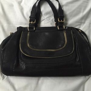 Black faux leather satchel w/ gold zipper detail