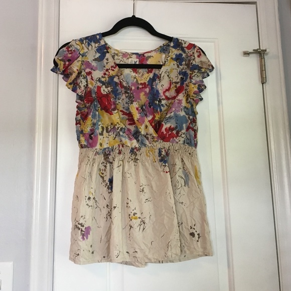 Silk Anthro Water Color Faux Wrap Top