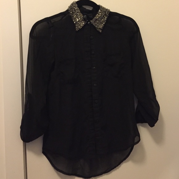 Bling Bling Collar Black Long Sleeve Sheer Blouse