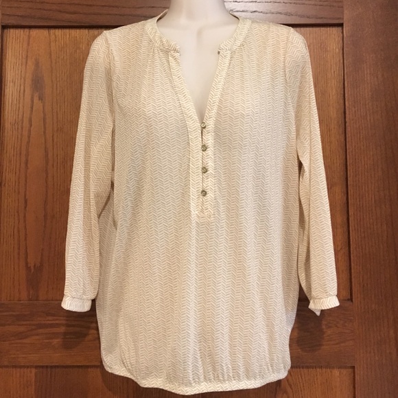 Tan & cream mesh blouson bottom top w/buttons - Picture 1 of 3