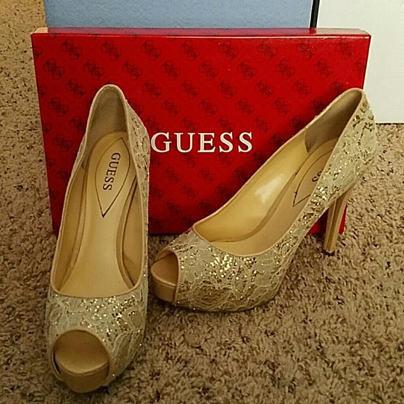 Ivory and gold sequin/lace peep toe heels.