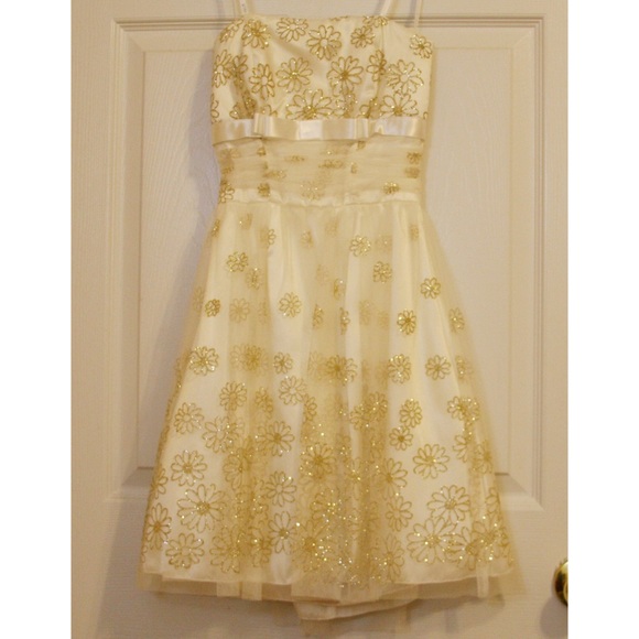 Gold Glitter Flower Print Strapless Dress