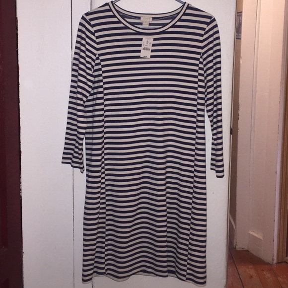 J Crew Navy Striped 3/4 Sleeve Dress