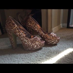 Rose Gold Steve Madden Sequin Open Toed Pumps
