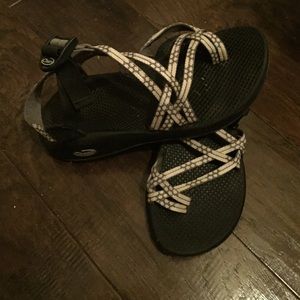 Grey and white Chacos
