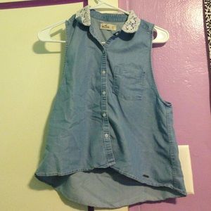 Denim button up with lace collar