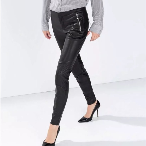 Zara Faux Leather Biker Quilted Pants Jeans Skinny - Picture 2 of 4