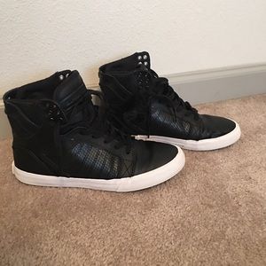 Black snake skin supra sneakers.