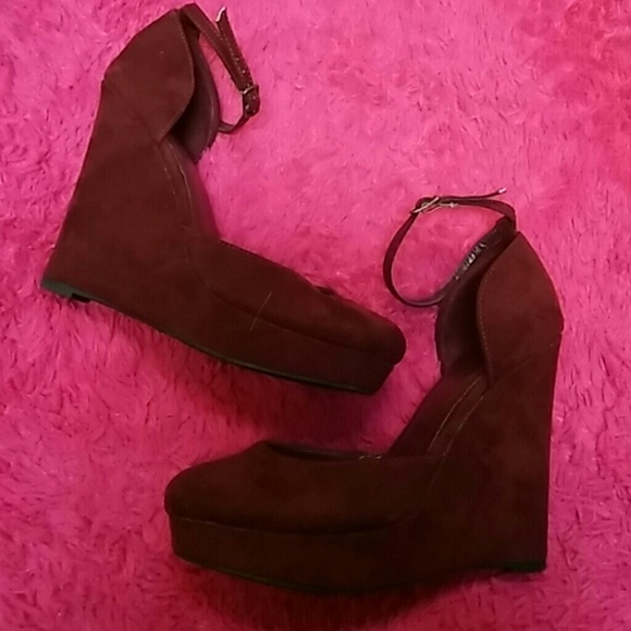 Burgundy Suede Wedge Platforms Heels