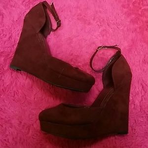 Burgundy Suede Wedge Platforms Heels