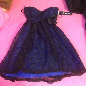 Navy with lace overlay strapless formal dress