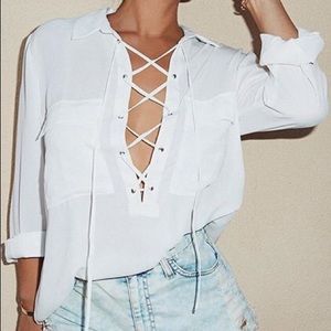 Sheer Sateen lace up blouse!!